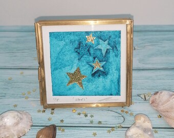 Stars, small framed original blue collagraph print with gold embellishments