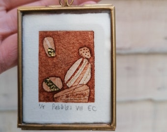 Pebbles VII, framed original miniature collagraph wall art print