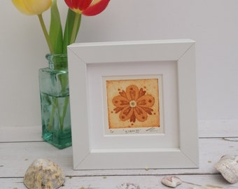 Bloom III, small framed original yellow ochre flower collagraph print with gold embellishments