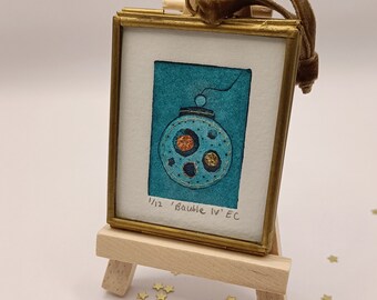 Christmas Bauble, IV, framed original miniature collagraph wall art print or tree decoration
