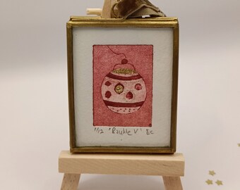 Christmas Bauble, V, framed original miniature collagraph wall art print or tree decoration