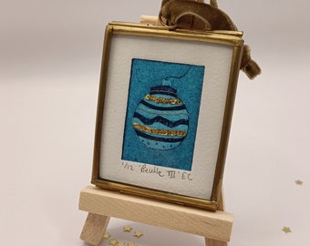 Christmas Bauble, III, framed original miniature collagraph wall art print or tree decoration