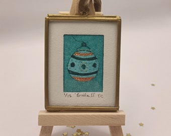 Christmas Bauble, II, framed original miniature collagraph wall art print or tree decoration