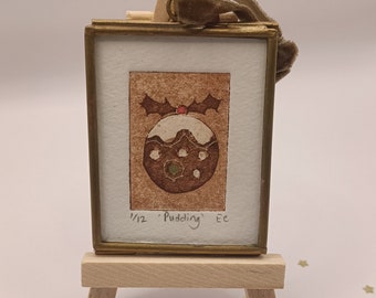 Christmas Pudding, framed original miniature collagraph wall art print or tree decoration