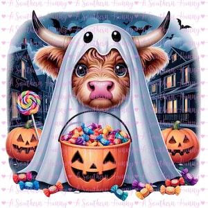 Trick or Treat Highland Cow PNG design, Halloween PNG, Kids png