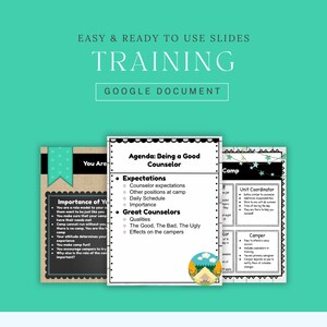 May include: Three colorful slides with black text outlining the importance of being a good camp counselor. The slides include information about expectations, daily schedule, qualities of a good counselor, and the effects of a counselor on campers. The slides also include information about the roles of a unit coordinator and a camper.
