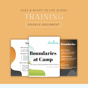 May include: Three slides with a green, blue, and white nature-themed design. The first slide has the title "Boundaries at Camp" and the text "Let's learn about boundaries that we have at _____.". The second slide has the title "Confidentiality" and the text "What does it mean to keep things confidential? You need to keep things confidential to protect yourself and those around you. Examples of Confidential Information: Medical records, A camper having a history of abuse, Personal information. Why is this important? HIPAA is an act that requires us to comply, and not complying can result in legal action. Your camper's information is shared with other staff members. Sharing confidential information can result in legal action.". The third slide has the title "Boundaries" and the text "Upset Parents: Campers often tell their parents about what happens at camp. Trouble With Law: Crossing certain boundaries could result in trouble with the law. Loss of Trust: You will no longer be trusted with confidential information."