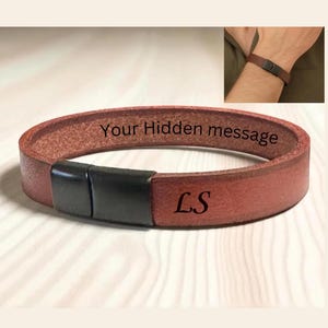Personalized Men's Leather Bracelet, Custom Engraved Hidden Message Jewelry for Him, Strong secure Magnetic Clasp