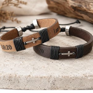 Men Adjustable Cross Leather Bracelet, Custom Engraved Scripture Bible, Hidden Message Inside, Faith Christian Religious Leather Accessories