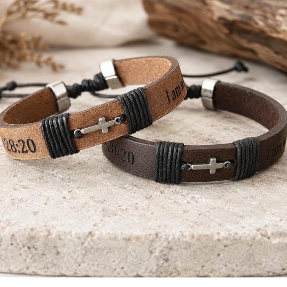 A real leather bracelet with a hidden engraved scripture message tucked inside — the secret-message detail elevates this way beyond a plain faith bracelet.