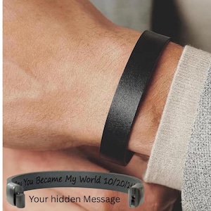 Personalized Leather Bracelet Men Hidden Message Custom Engraved Inside Outside Anniversary Gift Husband Groom Wedding Jewelry Gift for Him
