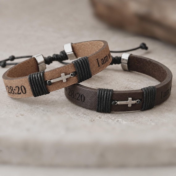 A real leather bracelet with a hidden engraved scripture message tucked inside — the secret-message detail elevates this way beyond a plain faith bracelet.