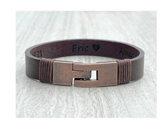 Bracelet gravé double côtés, bracelet à message caché pour hommes, bracelet personnalisé pour hommes, bracelet en cuir gravé, bracelet en acier inoxydable