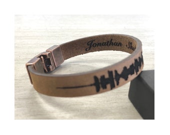 Pulsera de cuero grabada con ondas sonoras para hombre, pulsera de cuero con mensaje oculto, regalo de aniversario personalizado.