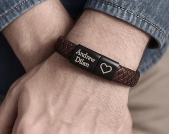 Personalized Braided Leather Bracelet for Men: Engraved Custom Wristband