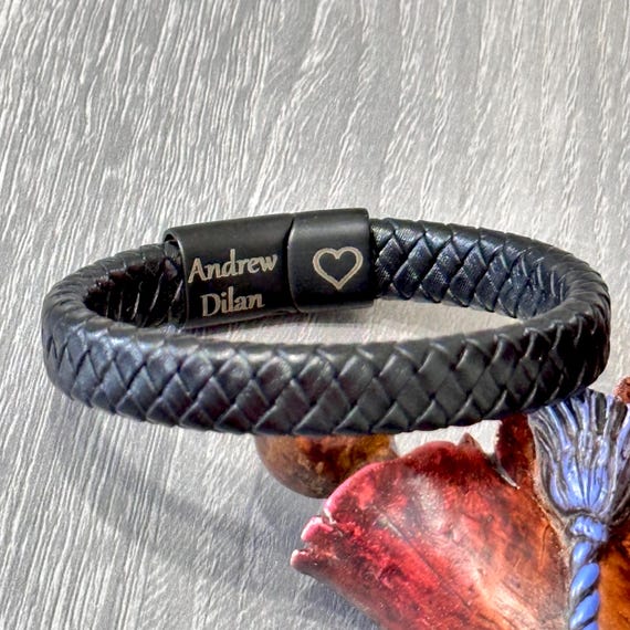 Personalized Men's Braided Leather Bracelet, Engraved Men's
