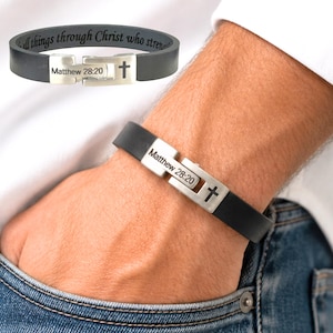 Pulsera cristiana de cuero con cruz para hombre, joyería de fe personalizada grabada con mensaje personalizado, pulsera para papá, esposo, hijo, pastor, para él, estilo diario.