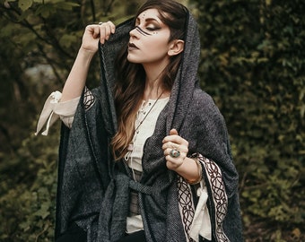 STORMY SKIES CAPE | Bestseller, Hooded Wool Blend Cloak, Viking Style Cape Designs, Coat Cardigan, Handwoven Poncho, Celtic Fusion.