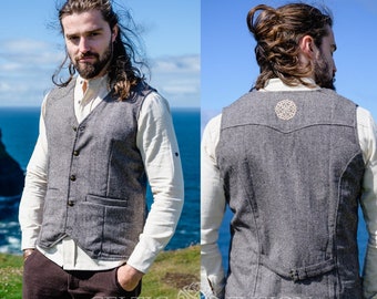 SLATE CELTIC SHIELD | Vest, Grey Waistcoat, Vest,  Wool Waistcoat, Wedding Waistcoat, Alternative Wedding Waistcoat, Brass Buttons.