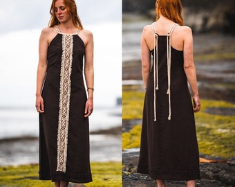 CELTIC SPIRIT DRESS | Brown Long Sleeveless Knotwork Dress, Meditation Gown, Celtic, Viking, Folk, Natural, Primitive, Natural Dress.