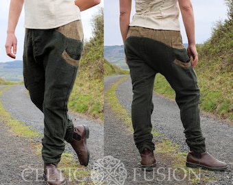 PANTALON LOWRIDER FERN | Pantalon en tweed de coton épais, tweed moderne, pantalon urbain, pantalon en tweed contemporain, vert, pantalon avec entrejambe bas.