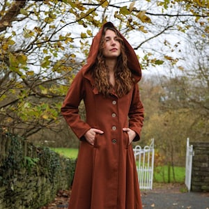 Rusty Red Wool Maxi Coat with Gothic Hood: Elegant Winter Dress Coat