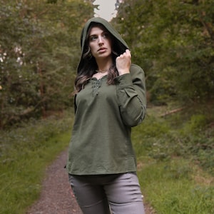 Textured Cotton Hooded Tunic | Roll-Up Sleeve, Medieval Renaissance Top