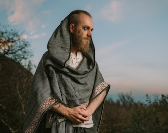 STORMY SKIES CAPE | Best-seller • Druid Viking Cloak • Grey Poncho Wrap • Hippie Poncho • Pagan Cape • Viking clothing • Celtic Embroidery