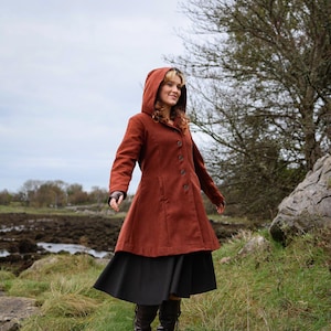 Red Wool Hooded Coat: Ladies Fall Winter Jacket