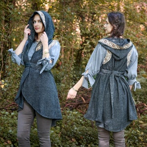 RHIANNON SLEEVELESS CARDIGAN | Dark Grey Wrap | Hooded Wool Cloak, Viking Embroidery Design/Wool Blend Cardigan, Cape Wrap | Celtic Fusion.