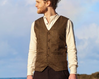 Celtic Tree of Life Wool Waistcoat: Tweed Vest with Brass Buttons