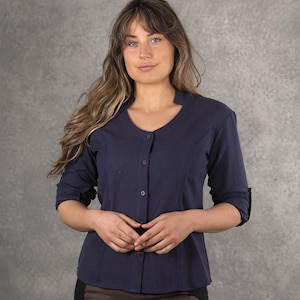 FLAX BLUE BLOUSE | Classic Blouse, Wooden Button, Pin Sleeve, Classic Shirt, Vintage Shirt, 100% Cotton, Natural, Indigo Blouse