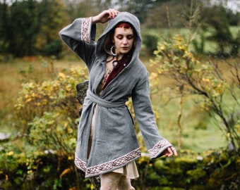 Grey Wool Hooded Ruana Wrap | Celtic Knotwork Cardigan