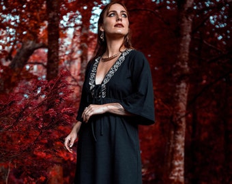 Celtic Embroidered Black Heavy Cotton Goddess Dress | Wicca Gown