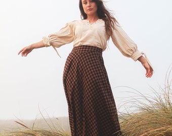 CHECK LONG SKIRT | Brown Plaid Skirt with Pockets, Cottage Core Skirt, Folk Core Skirt, Farm core Skirt, Dark Academia Skirt, Celtic Vibe.
