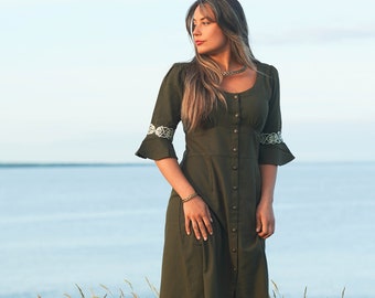 Celtic Green Quality Cotton Dress: Medieval Renaissance Elven Style