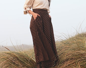 CHECK LONG SKIRT | Brown Plaid Skirt with Pockets, Cottage Core Skirt, Folk Core Skirt, Farm core Skirt, Dark Academia Skirt, Celtic Vibe.