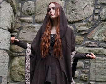 DARK & EARTHY CAPE | Druid Cloak, Boho Poncho, Hooded Ruana, Wool Cloak, Viking Cloak, Poncho With Hoodie | Celtic Fusion