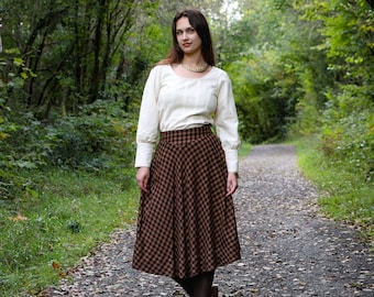 CHECK MIDI SKIRT| Brown Plaid Skirt with Pockets, Midi Check Skirt, Cottage Core Skirt, Autumn Skirt, Winter Skirt, Warm Skirt