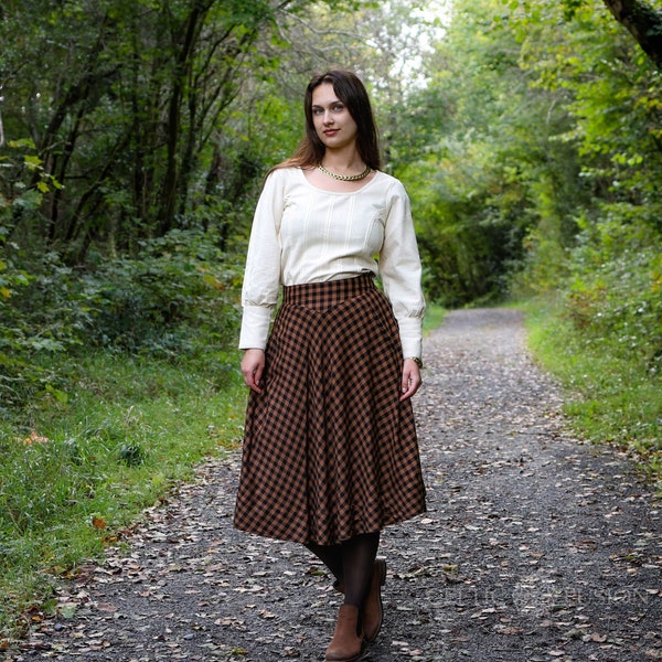 CHECK MIDI SKIRT| Brown Plaid Skirt with Pockets, Midi Check Skirt, Cottage Core Skirt, Autumn Skirt, Winter Skirt, Warm Skirt