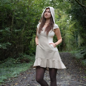 hooded dress, folk dress, cottage core, linen dress, short summer dress, short linen dress