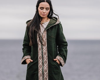 CHAQUETA SIDHE / Abrigo con capucha verde/marrón, cierre de cremallera, abrigo vikingo con bordado celta, chaqueta de algodón pesado de invierno, hipster, bordado