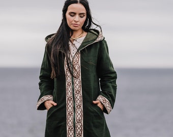 VESTE SIDHE | Manteau à capuche vert/marron, Fermeture à glissière, Manteau viking avec broderie celtique, Veste d'hiver en coton épais, Style hipster, Broderie