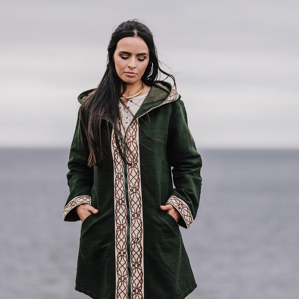 SIDHE JACKET | Green/Brown Hooded Coat, Zip Closure, Viking Coat with Celtic Embroidery, Winter Heavy Cotton Jacket, Hipster, Embroidery