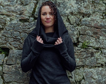 SCHWARZER COWL-PULLOVER | Heidnische, keltische Kleidung, Goth-Pullover, Winterpullover, Cowl, Kapuzenpullover, Herbstpullover, Kleid mit Ärmeln.