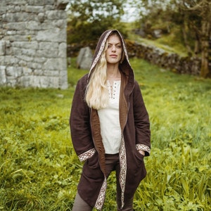 SIDHE JACKET | Green/Brown Hooded Coat, Viking Coat with Celtic Embroidery, Winter Heavy Cotton Jacket, Hipster, Celtic Embroidery