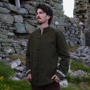 GREEN LEAF SHIRT | 100% Cotton, Celtic Shirt, Mens Collarless Shirt, Irish Outfits for Men, Celtic Clothing Mens, Alternative Wedding Shirt.