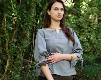 GRACE OMALLEY PIRATE top | Celtic clothing, folklore clothing, Womans Pirate shirt, Vintage Blouse, Ruffle Blouse, Slate Top Puff Sleeve