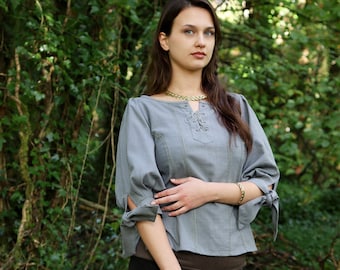 GRACE O'MALLEY BLUSE | Damen-Piratenhemd, Piratenbluse, Leinen-Vintage-Bluse, Rüschenbluse, Indigo-Hemd-Garderobe-Grundnahrungsmittel, Puffärmel