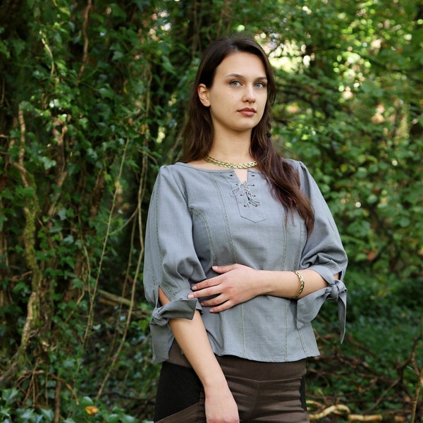 Flax Cotton Pirate Top | Celtic Folklore Blouse with Lace-Up Neckline